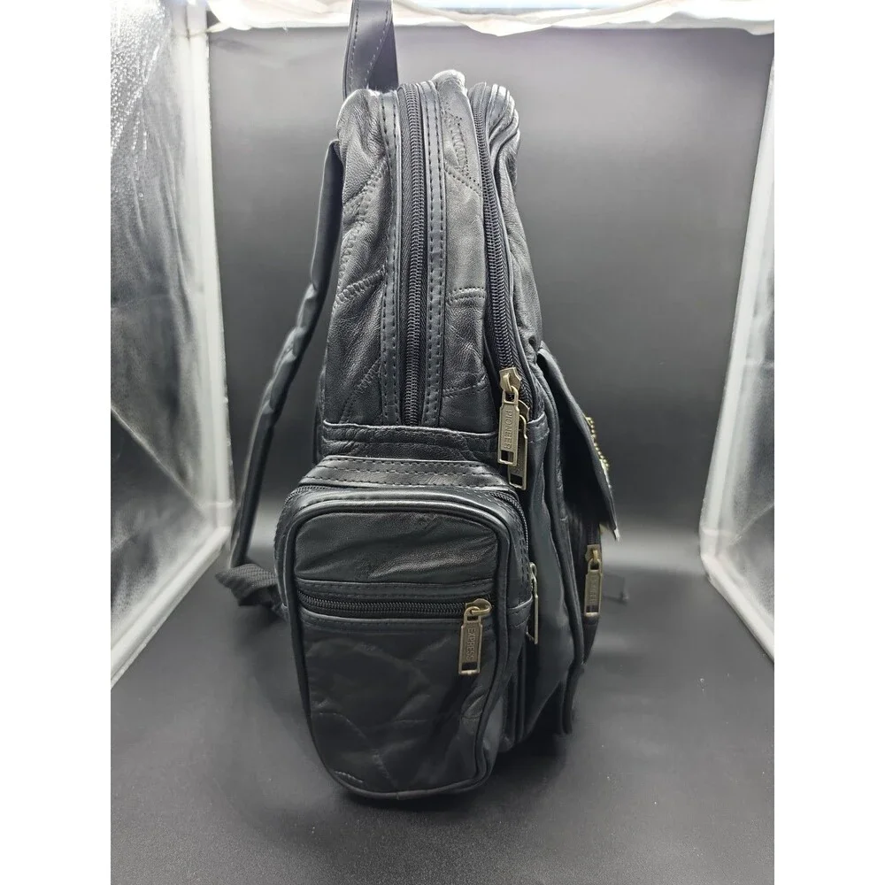 Vtg Pioneer Express Black Patchwork Genuine Leather Backpack Multi Pocket Goth